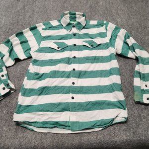 Dixxon Flannel Shirt Mens Medium Green White Striped Button Front Long Sleeve